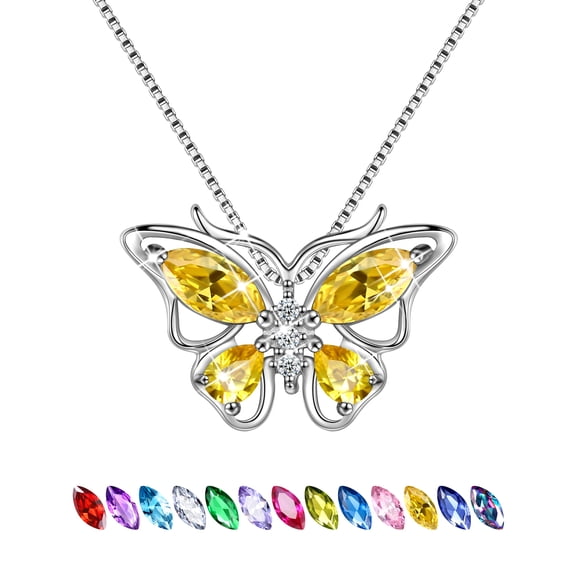 Juwaliy November Birthstone Necklace Citrine Yellow Butterfly Necklaces Sterling Silver Pendant Jewelry Women Christmas Mother's Day Gift for Mom Wife
