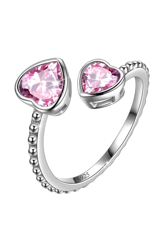 October Birthstone Ring Tourmaline 925 Sterling Silver Double Hearts Rings Pink Women Jewelry Christmas Birthday Mother's Day Gifts