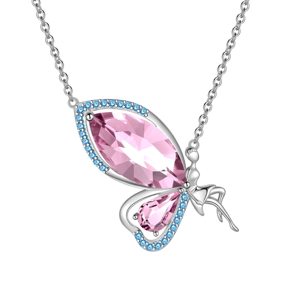 Juwaliy Pink Butterfly Fairy Necklace Women October Birthstone Necklace Tourmaline 925 Sterling Silver Jewelry Birthday Valentine's Day Gift