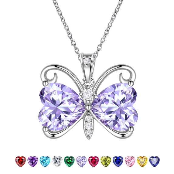 Juwaliy Purple Butterfly Necklace Heart June Birthstone Necklace Alexandrite CZ Silver Plated Pendant Jewelry Women Birthday Mother's Day Gift for Mom