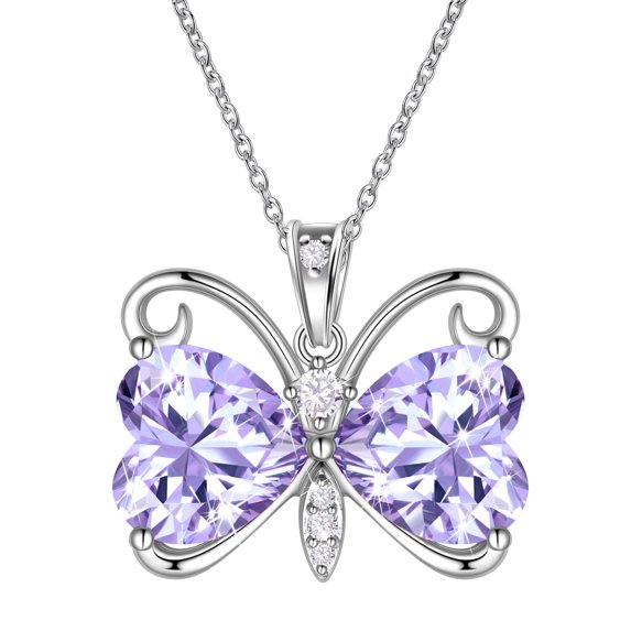 Juwaliy Purple Butterfly Necklace Heart June Birthstone Necklace Alexandrite CZ Silver Plated Pendant Jewelry Women Birthday Mother's Day Gift for Mom