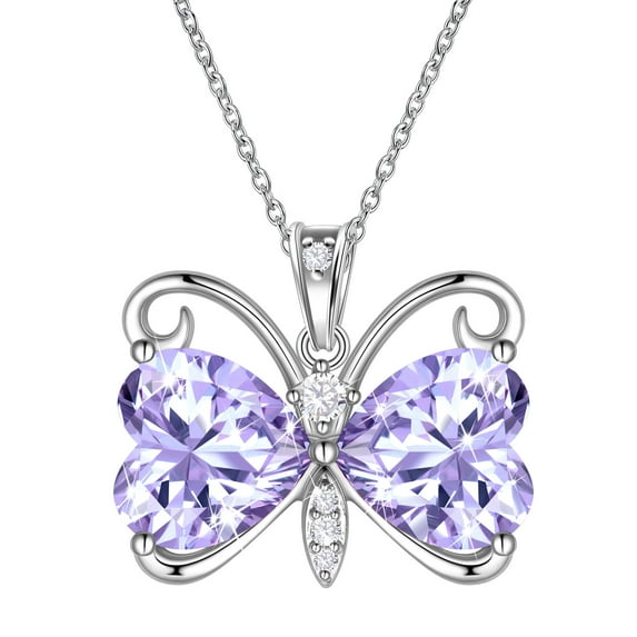 Juwaliy Purple Butterfly Necklace Heart June Birthstone Necklace Alexandrite CZ Silver Plated Pendant Jewelry Women Birthday Mother's Day Gift for Mom