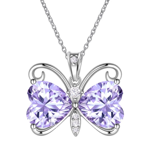 Juwaliy Purple Butterfly Necklace Heart June Birthstone Necklace Alexandrite CZ Silver Plated Pendant Jewelry Women Birthday Mother's Day Gift for Mom
