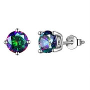 JUWALIY Rainbow Mystic Topaz Earrings 925 Sterling Silver Stud Earring Round CZ Wedding Birthday Jewelry Women Mother's Day Gift