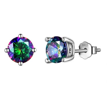 Juwaliy Rainbow Mystic Topaz Earrings 925 Sterling Silver Stud Earring Round CZ Wedding Birthday Jewelry Women Mother's Day Gift