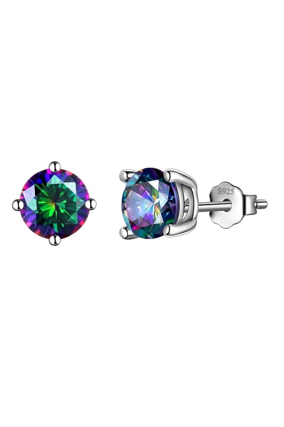 Rainbow Mystic Topaz Earrings 925 Sterling Silver Stud Earring Round CZ Wedding Birthday Jewelry Women Mother's Day Gift