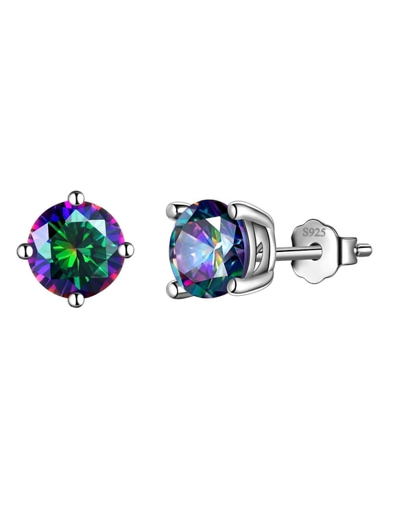 Rainbow Mystic Topaz Earrings 925 Sterling Silver Stud Earring Round CZ Wedding Birthday Jewelry Women Mother's Day Gift