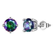 JUWALIY Rainbow Mystic Topaz Earrings 925 Sterling Silver Stud Earring Round CZ Wedding Birthday Jewelry Women Mother's Day Gift