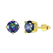 JUWALIY Rainbow Mystic Topaz Earrings Men 925 Sterling Silver Stud Earrings Crystal Round CZ Jewelry Christmas Mother's Day Gifts for Women