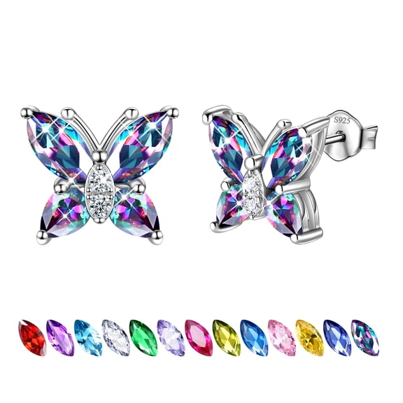 Juwaliy Rainbow Mystic Topaz Earrings Stud 925 Sterling Silver Butterfly Earrings Crystal Jewelry Women Christmas Valentines Mother's Day Gift for Her