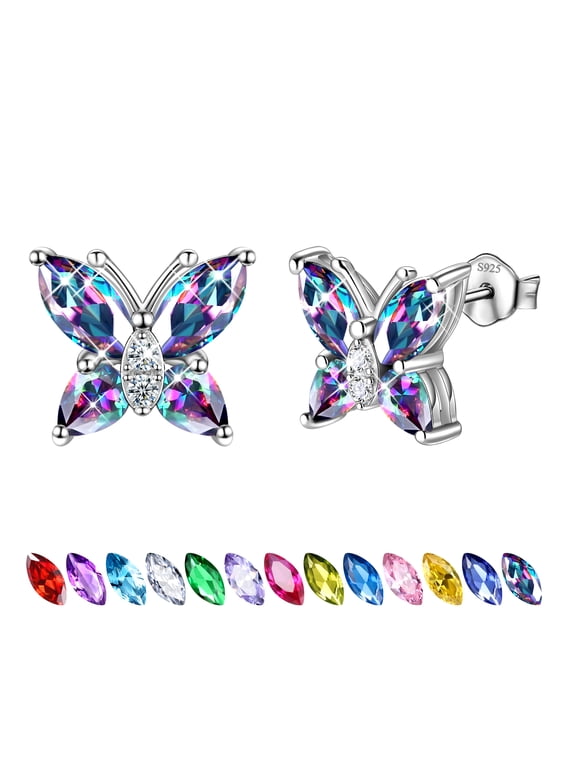 Rainbow Mystic Topaz Earrings Stud 925 Sterling Silver Butterfly Earrings Crystal Jewelry Women Christmas Valentines Mother's Day Gift for Her
