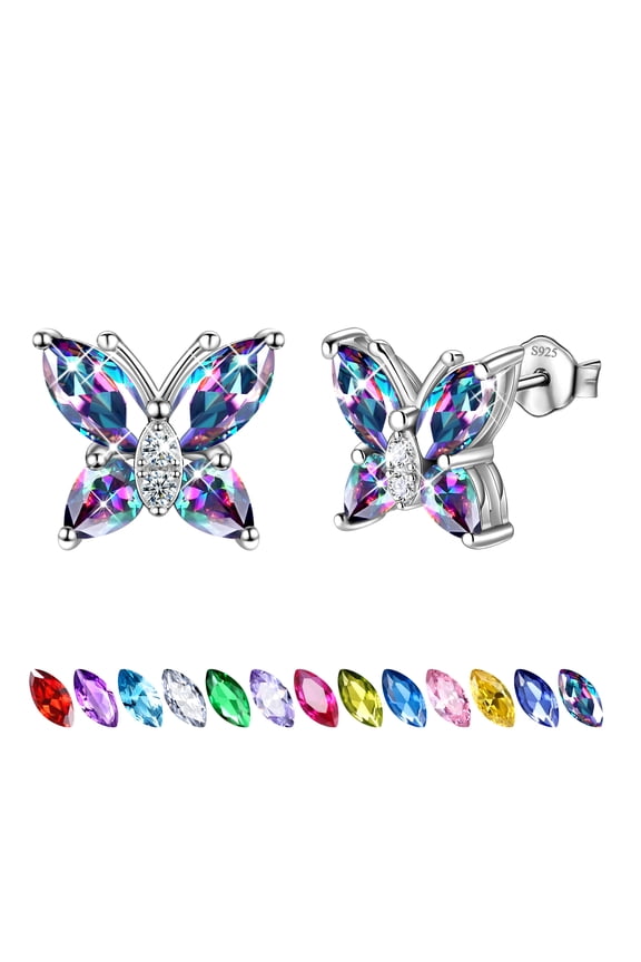 Rainbow Mystic Topaz Earrings Stud 925 Sterling Silver Butterfly Earrings Crystal Jewelry Women Christmas Valentines Mother's Day Gift for Her