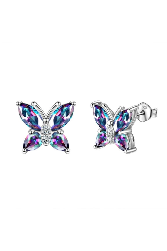 Rainbow Mystic Topaz Earrings Stud 925 Sterling Silver Butterfly Earrings Crystal Jewelry Women Christmas Valentines Mother's Day Gift for Her