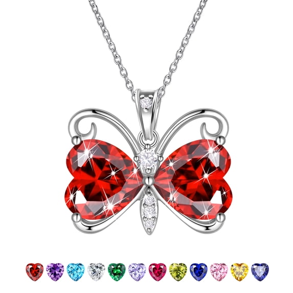 Juwaliy Red Butterfly Necklace Heart January Birthstone Necklace Garnet Pendant Jewelry Women Daughter Birthday Christmas Mother's Day Gift for Her