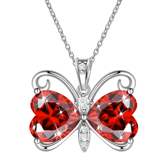 Juwaliy Red Butterfly Necklace Heart January Birthstone Necklace Garnet Pendant Jewelry Women Daughter Birthday Christmas Mother's Day Gift for Her