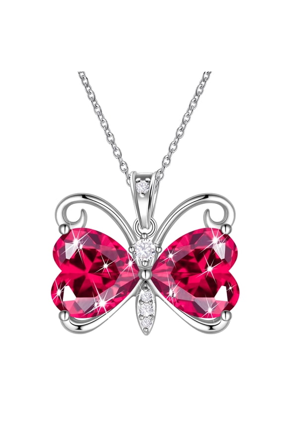 Red Butterfly Necklace Heart July Birthstone Necklace Ruby Crystal Silver Plated Pendant Jewelry Women Wife Wedding Birthday Mother's Day Gift