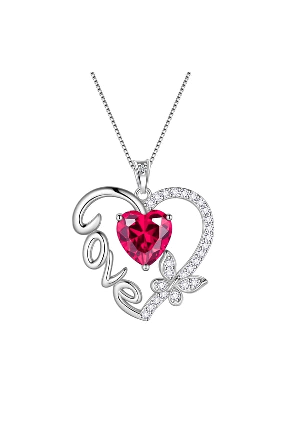 Red Love Heart Necklace Butterfly July Birthstone Necklace Ruby 925 Sterling Silver Pendant Jewelry Women Mother Birthday Valentine's Day Gift for Her