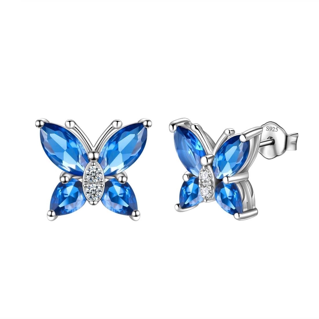 Gem Stone King 925 Silver Butterfly Earrings With Marquise White Moissanite & Blue Sapphire - 3.00 CTTW, Birthstone Gift