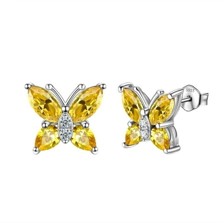 Juwaliy 925 Sterling Silver November Birthstone Earrings Stud Yellow Butterfly Earrings Citrine Jewelry Christmas Mother's Day Gift for Women Wife Mom