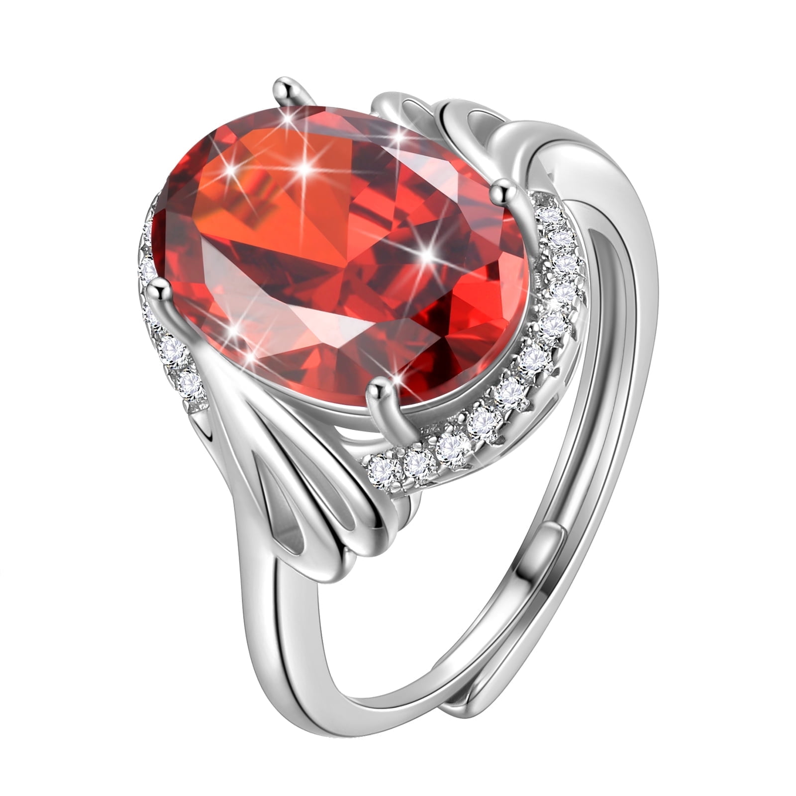 Juwaliy Women 8Ct Halo Oval Ring 925 Sterling Silver January Birthstone Garnet Red Band Ring Jewelry Mother Grandma Birthday Valentine Gift for Her