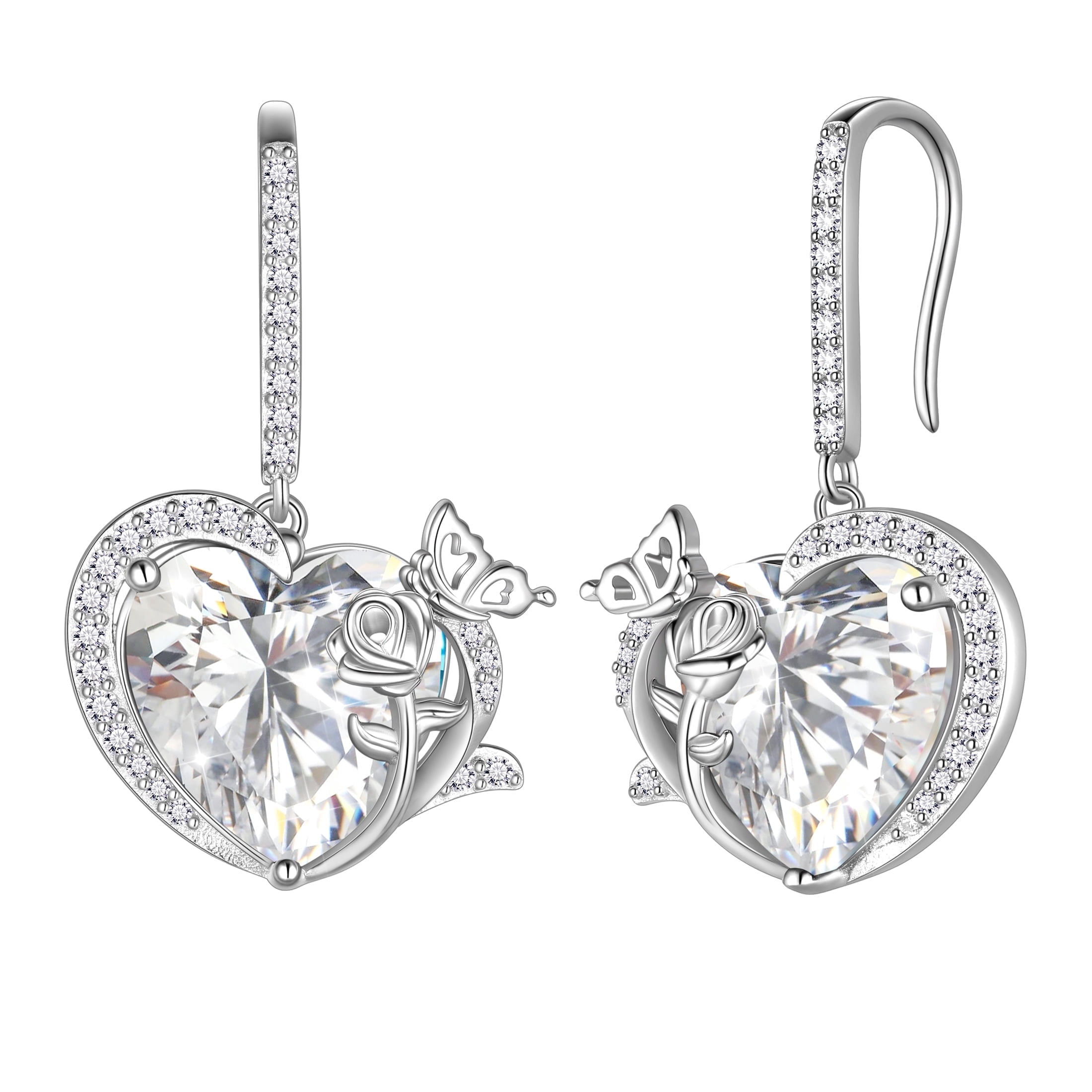 Juwaliy Women Drop Earrings April Birthstone Heart Diamond CZ Wedding Bridal Jewelry Butterfly Rose Flower 925 Sterling Silver Hook Mother Birthday Gift for Her