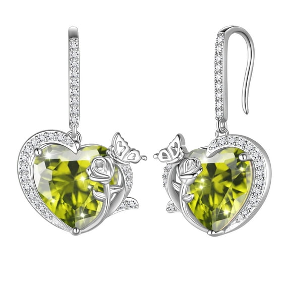 Juwaliy Women Drop Earrings August Birthstone Heart Peridot Butterfly Rose Jewelry Hook 925 Sterling Silver Earring Wife Christmas Mother's Day Gifts for Mom