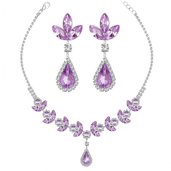 Juwaliy Women Bridal Jewelry Set Teardrop Crystal Necklace Earrings for Bride Bridesmaid Wedding Party Prom Gift-Violet