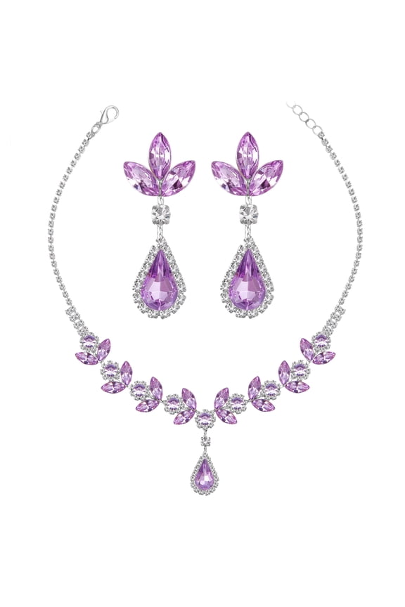 Women Bridal Jewelry Set Teardrop Crystal Necklace Earrings for Bride Bridesmaid Wedding Party Prom Gift-Violet