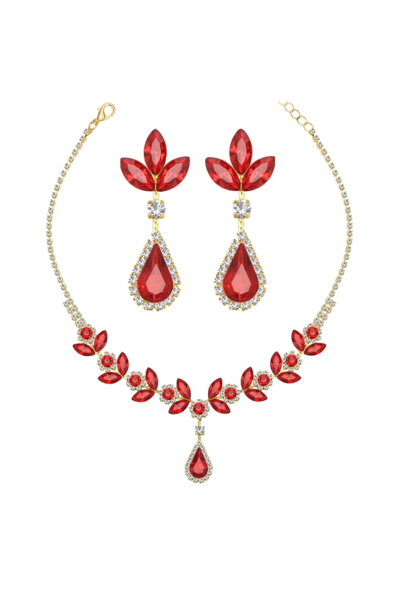 Women Bridal Jewelry Set Teardrop Crystal Necklace Earrings for Bride Bridesmaid Wedding Party Prom Gift-Red