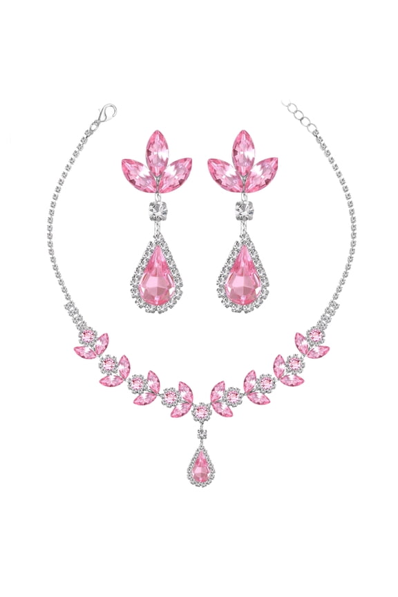 Women Bridal Jewelry Set Teardrop Crystal Necklace Earrings for Bride Bridesmaid Wedding Party Prom Gifts-Pink