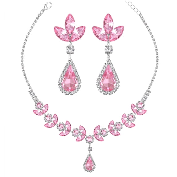 Juwaliy Women Bridal Jewelry Set Teardrop Crystal Necklace Earrings for Bride Bridesmaid Wedding Party Prom Gifts-Pink
