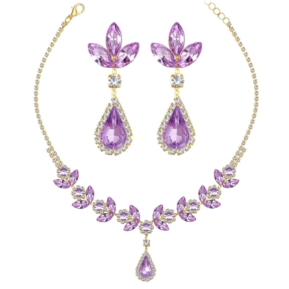 Juwaliy Women Bridal Jewelry Set Teardrop Crystal Necklace Earrings for Bride Bridesmaid Wedding Party Prom Gift-Violet