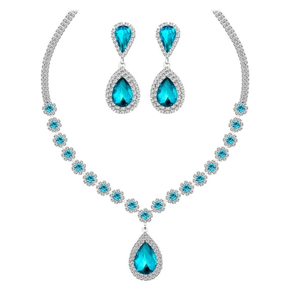 Juwaliy Women Bridal Wedding Jewelry Set Teardrop Crystal Necklace Earrings for Bride Bridesmaid Party Prom Gifts Blue