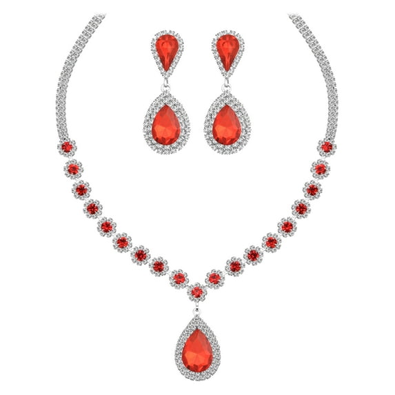 Juwaliy Women Bridal Wedding Jewelry Set Teardrop Crystal Necklace Earrings for Bride Bridesmaid Party Prom Gifts Red
