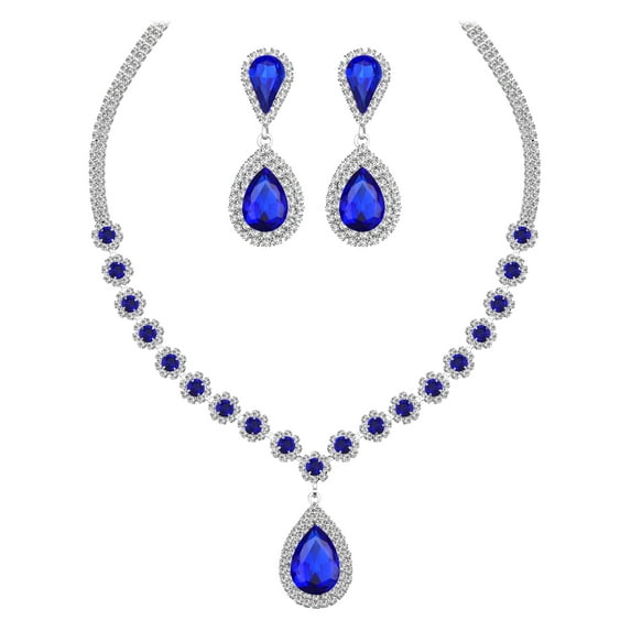 Juwaliy Women Bridal Wedding Jewelry Set Teardrop Crystal Necklace Earrings for Bride Bridesmaid Party Prom Gifts Blue