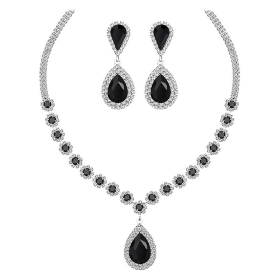 Juwaliy Women Bridal Wedding Jewelry Set Teardrop Crystal Necklace Earrings for Bride Bridesmaid Party Prom Gifts Black