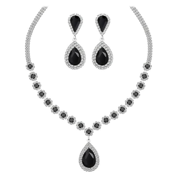 Juwaliy Women Bridal Wedding Jewelry Set Teardrop Crystal Necklace Earrings for Bride Bridesmaid Party Prom Gifts Black