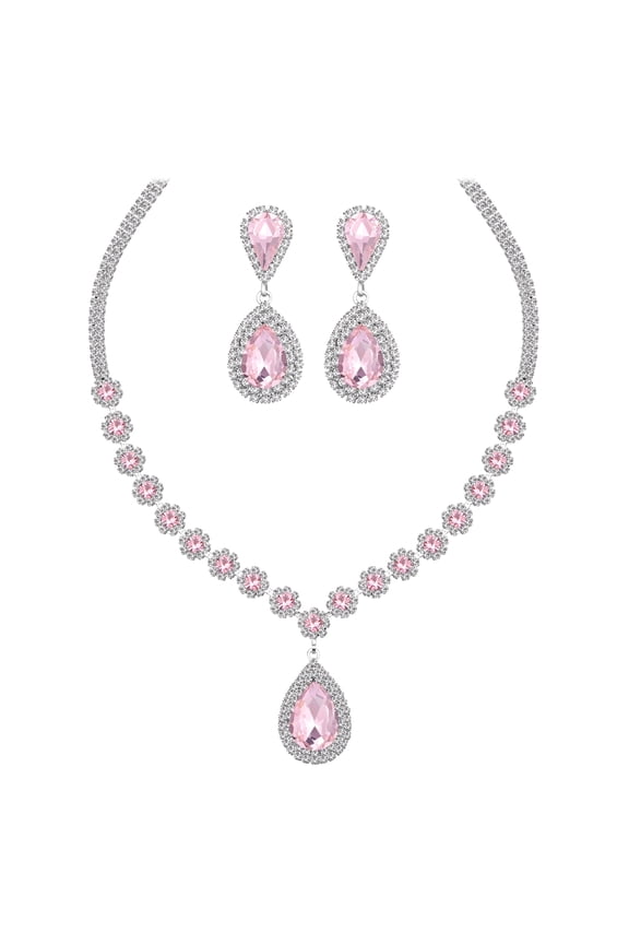 Women Bridal Wedding Jewelry Set Teardrop Crystal Necklace Earrings for Bride Bridesmaid Party Prom Gifts Pink