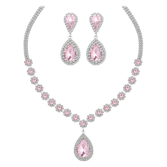 Juwaliy Women Bridal Wedding Jewelry Set Teardrop Crystal Necklace Earrings for Bride Bridesmaid Party Prom Gifts Pink