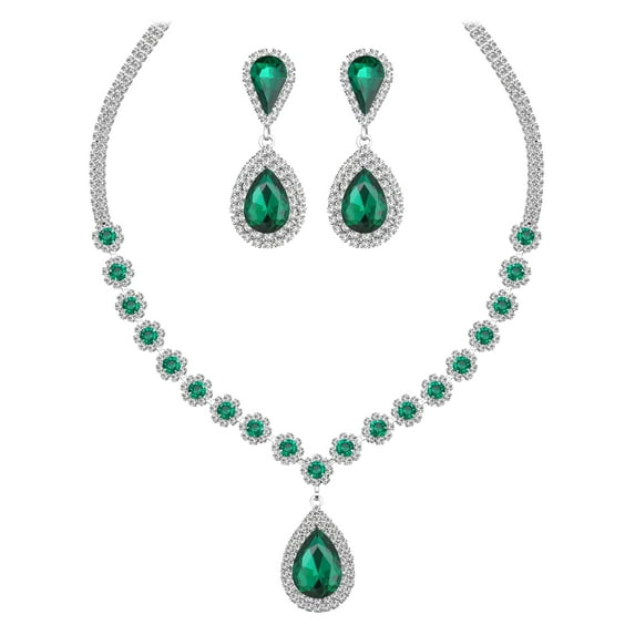 Juwaliy Women Bridal Wedding Jewelry Set Teardrop Crystal Necklace Earrings for Bride Bridesmaid Party Prom Gifts Green