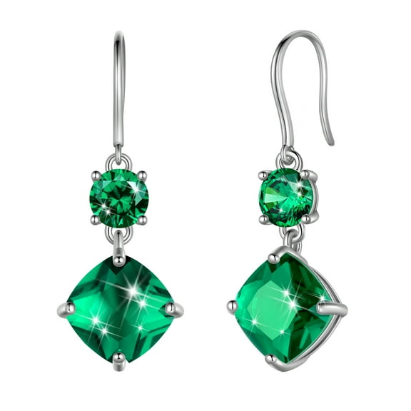 Juwaliy Women Dangle Earrings 925 Sterling Silver Hook Green May Birthstone Emerald Earring Jewelry Mom Grandma Birthday Mother's Day Gift
