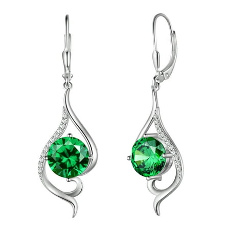 Juwaliy Women Dangle Earrings May Birthstone Earring Emerald Green 925 Sterling Silver Leverback Hanging Tail Jewelry Christmas Mother's Day Gift for Her/Mom/Grandma/Wife