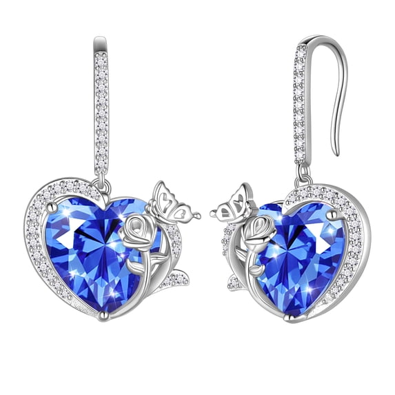 Juwaliy Women Drop Earrings December Birthstone Heart Tanzanite Blue Butterfly Rose Jewelry 925 Sterling Silver Hook Earring Christmas Mother's Day Gift for Her