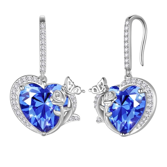Juwaliy Women Drop Earrings December Birthstone Heart Tanzanite Blue Butterfly Rose Jewelry 925 Sterling Silver Hook Earring Christmas Mother's Day Gift for Her