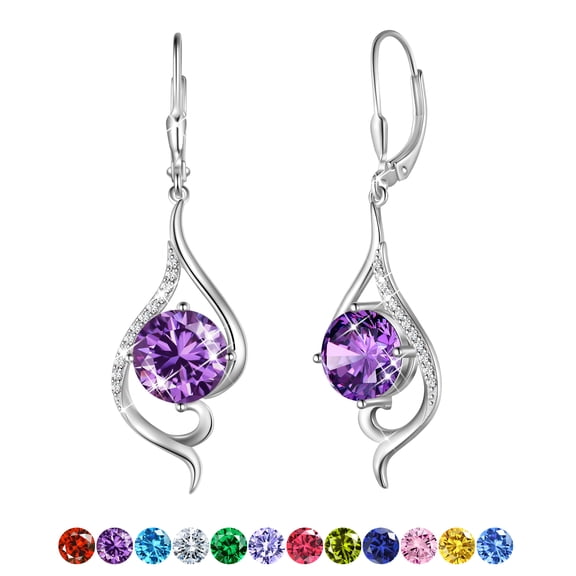 Juwaliy Women Drop Earrings February Birthstone Amethyst Purple Hanging Leverback Earring Sterling Silver Jewelry Christmas Birthday Valentine's Day Gift for Her/Wife/Mom