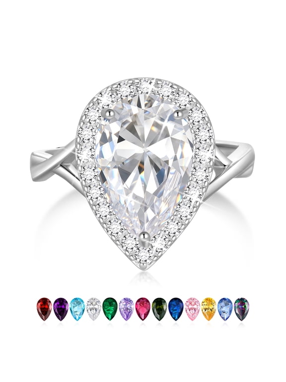 Women Engagement Ring Silver Plated Halo Pear Teardrop April Birthstone Simulated Diamond Valentines Wedding Bridal Jewelry Gift for Girlfriend/Wife