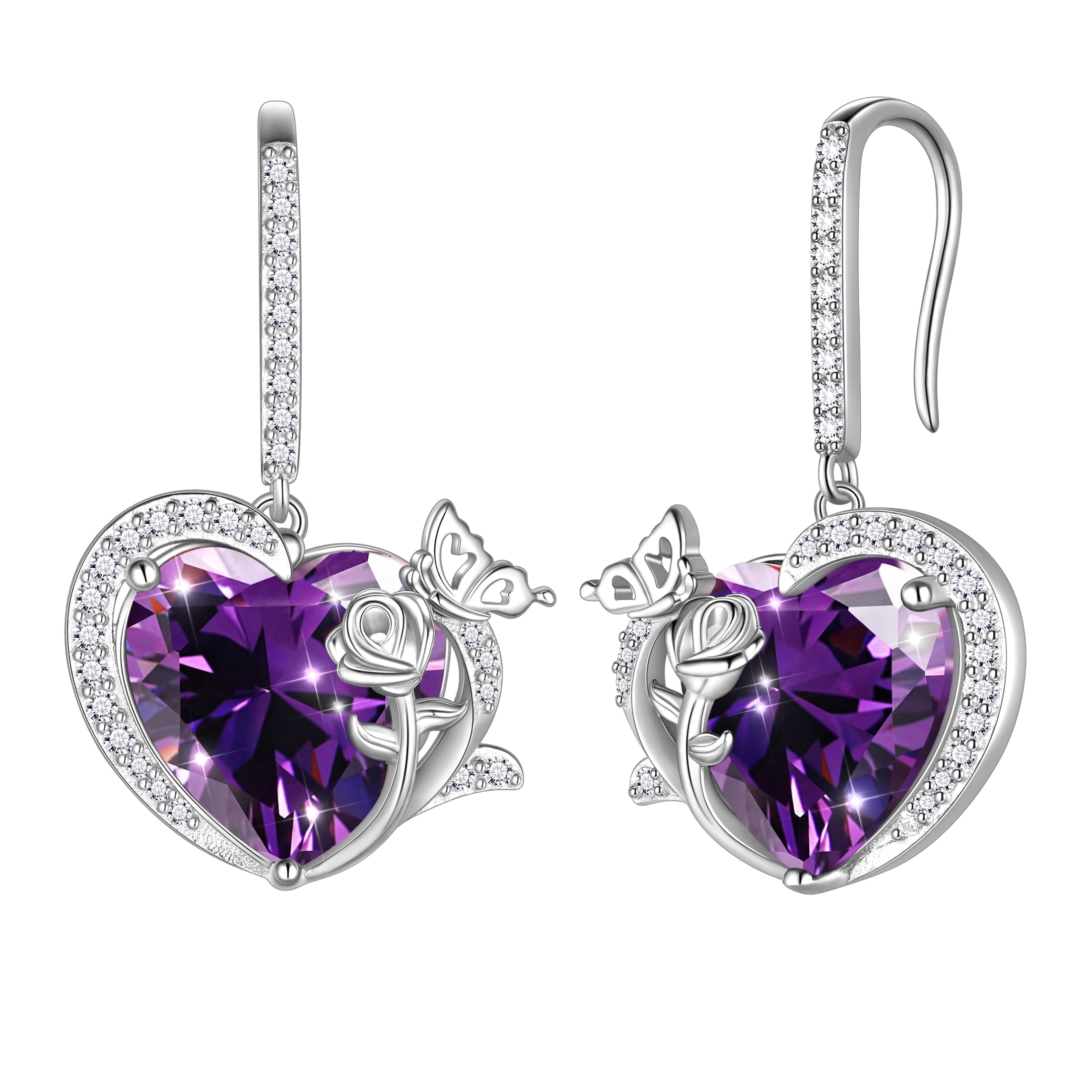 Juwaliy Women Drop Earrings February Birthstone Heart Amethyst Purple Butterfly Rose Jewelry Hook 925 Sterling Silver Earrings Mother Wife Valentine's Day Gifts
