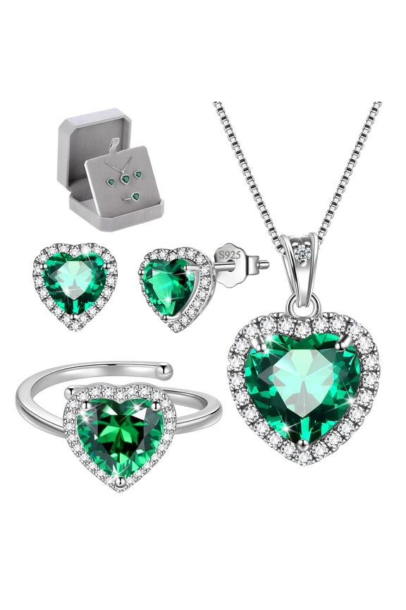 Heart Jewelry Sets for Women Mother's Day Gift,Emerald May Birthstone Necklace Earrings Ring Jewelry Green 925 Sterling Silver Christmas Birthday Gifts