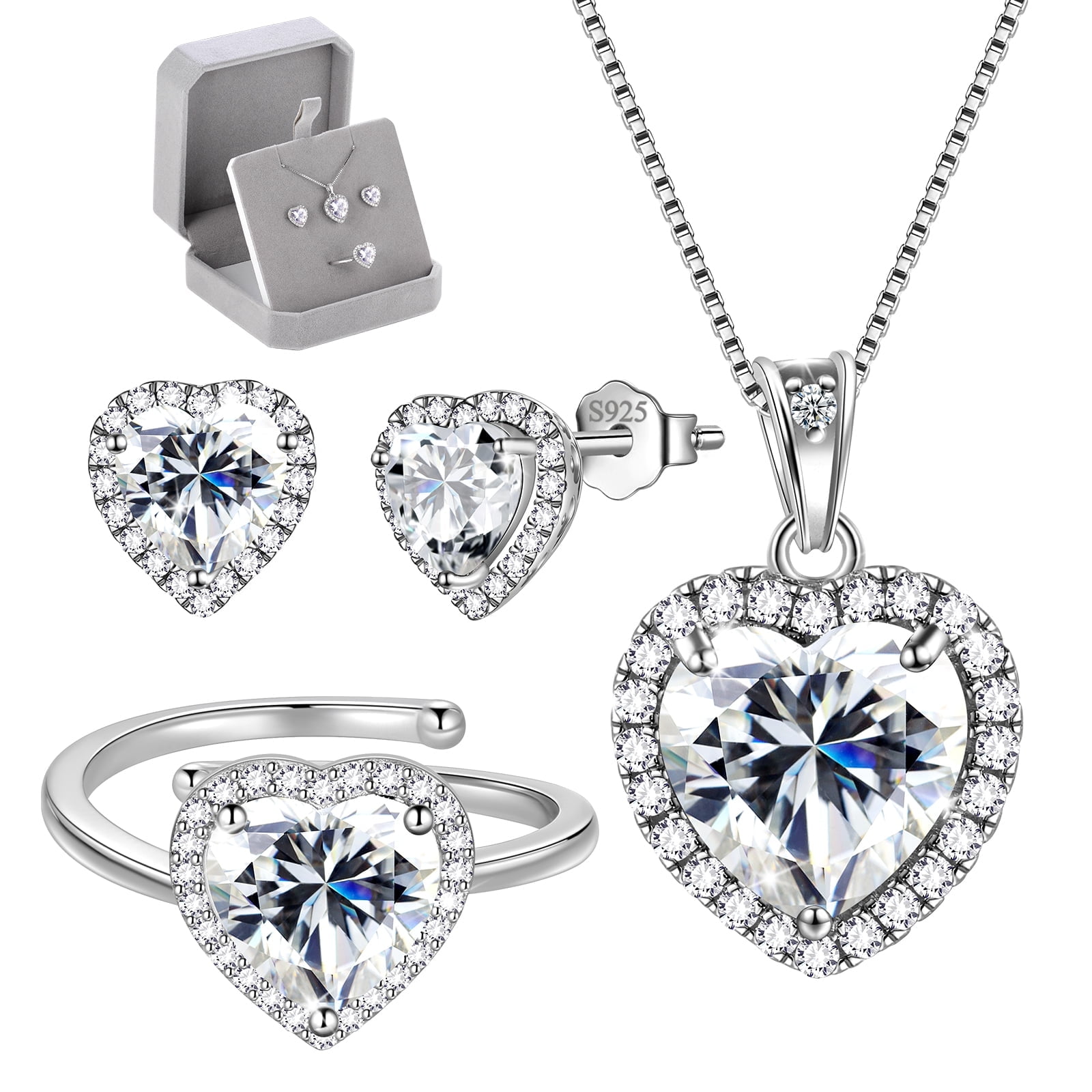 Juwaliy Women Heart Jewelry Set Necklace Earrings Ring 925 Sterling Silver April Birthstone Diamond Wedding Bridal Jewelry Mother Birthday Gift