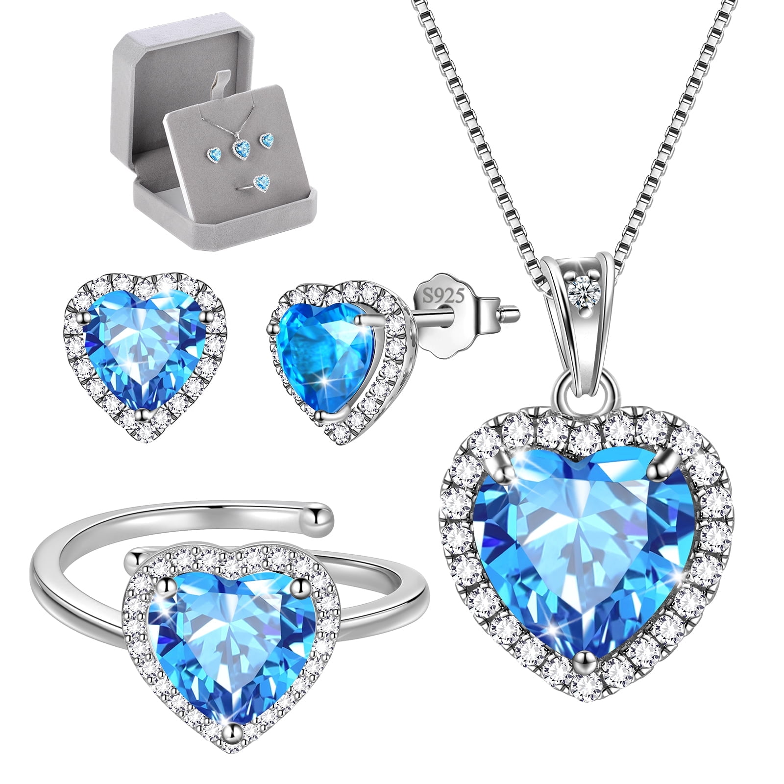 Juwaliy Women Heart Jewelry Set Necklace Earrings Ring 925 Sterling Silver Blue Topaz March Birthstone Aquamarine Mother Birthday Valentine's Day Gift